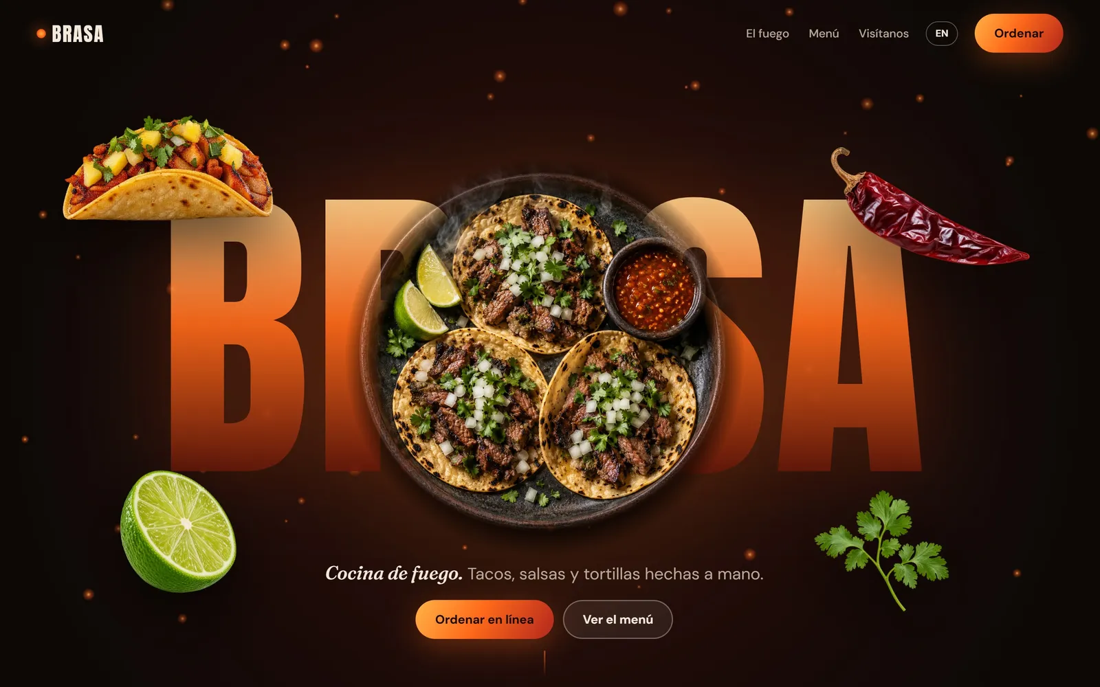 Brasa restaurant website on a laptop: a plate of tacos in front of the word BRASA