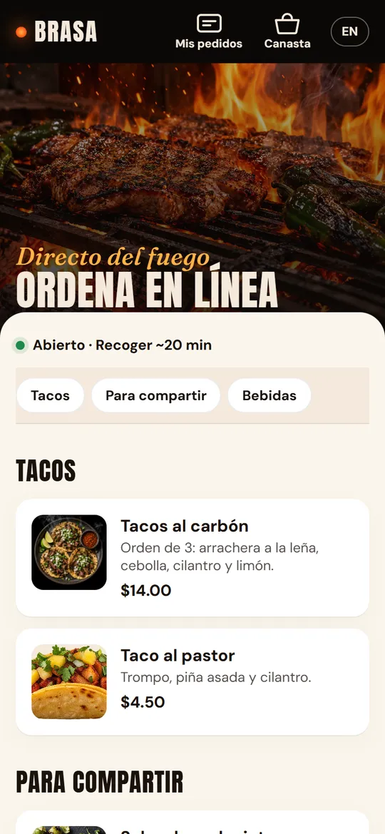 Brasa online ordering page on a phone